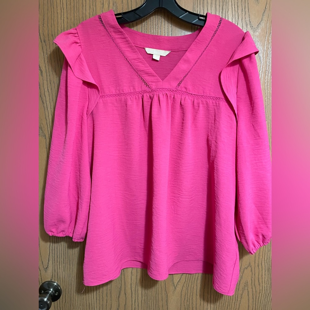 EUC Vibrant Pink Blouse with V-Neck and Ruffled Shoulders